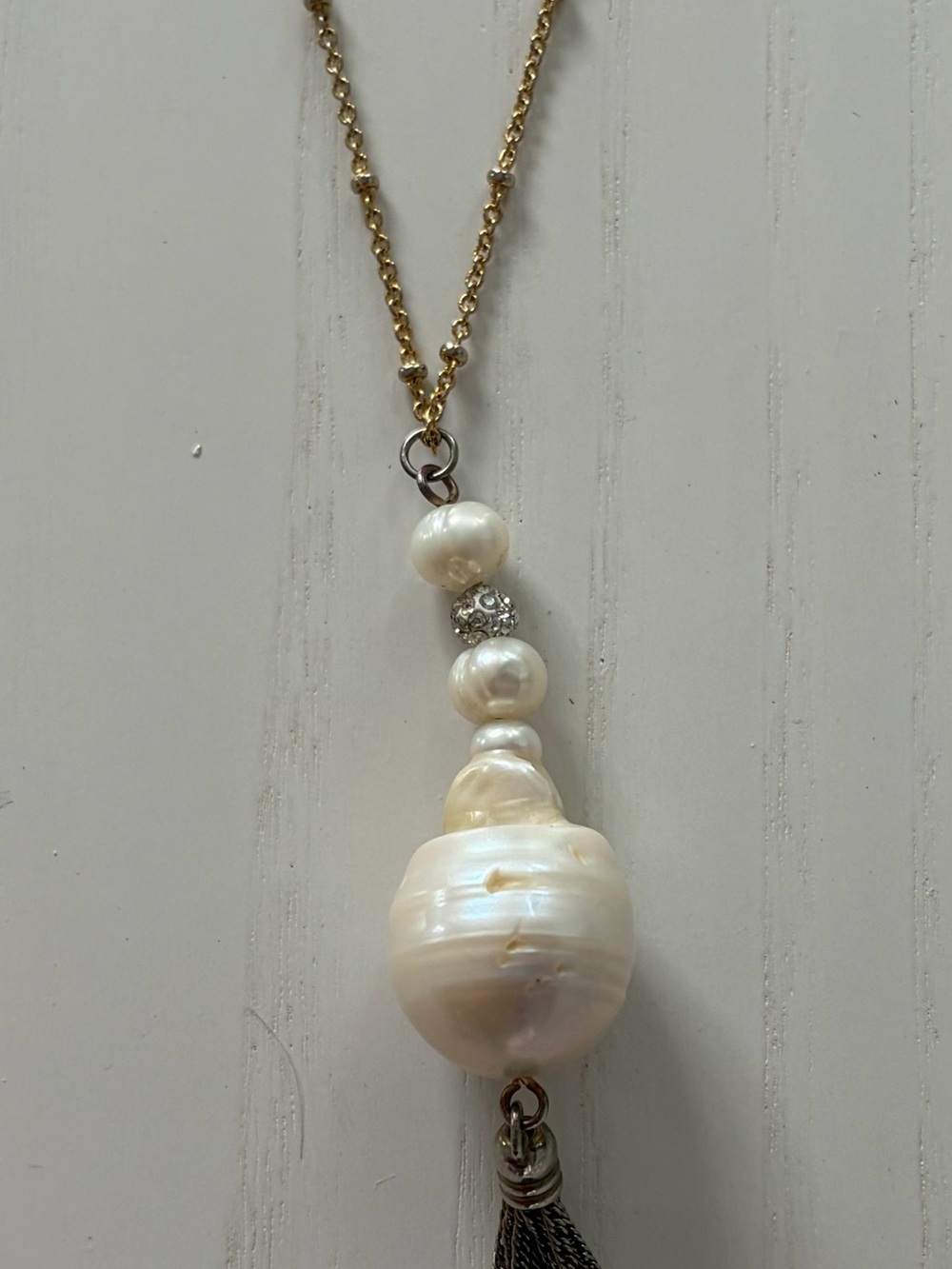 Elegant White Pearl Drop Necklace with Beaded Gold Chain